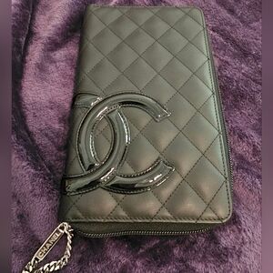 CHANEL XL Black/Pink Leather Zip-Around Cambon Wallet: Silver Hardware!